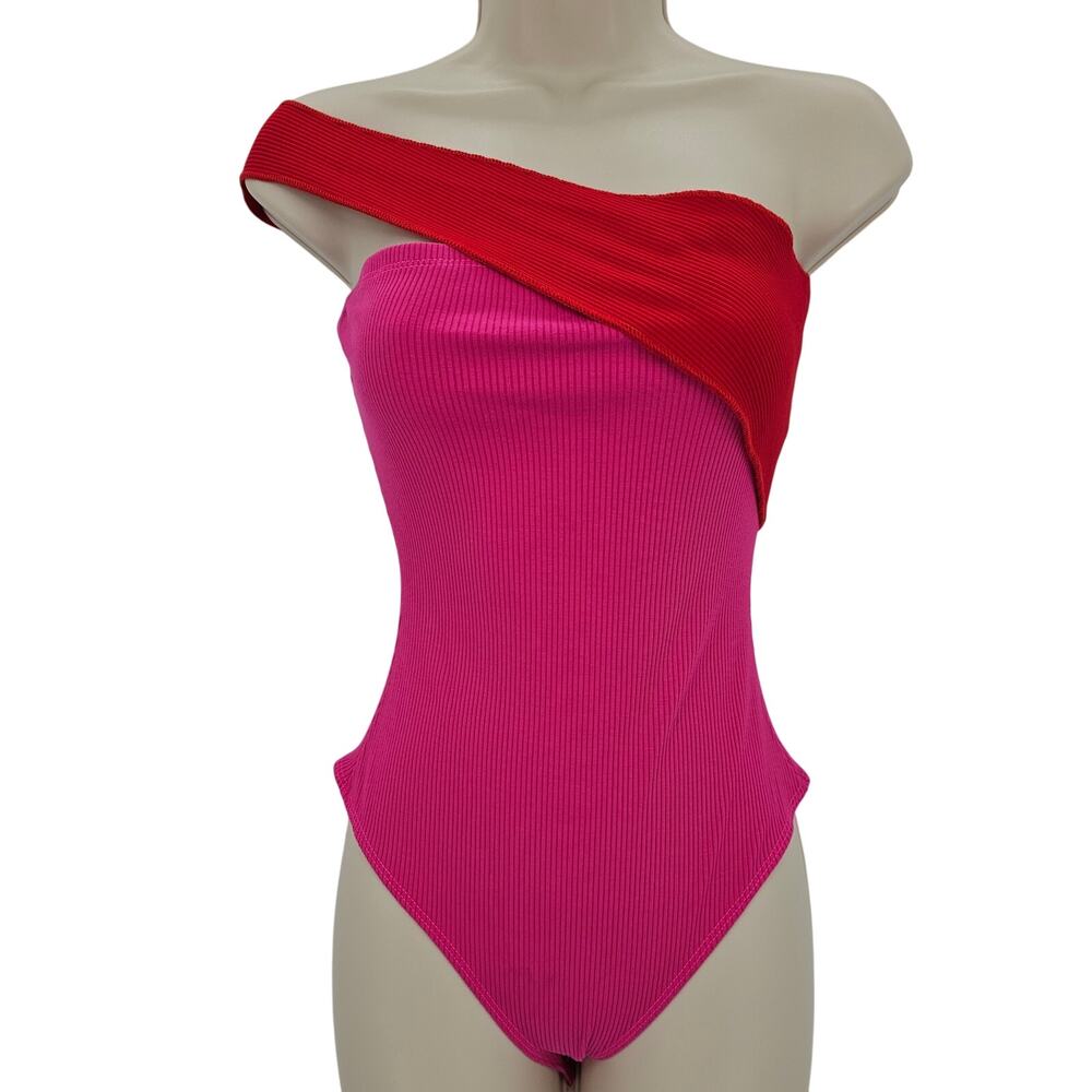 Naked Wardrobe Womans size L 1 Shoulder Strapless Colorblock Bodysuit Pink NWOT